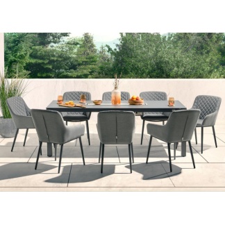 Outdoor Fabric 8 Seat Dining Set with Fire Pit Table – All Weather Sunbrella Fabric